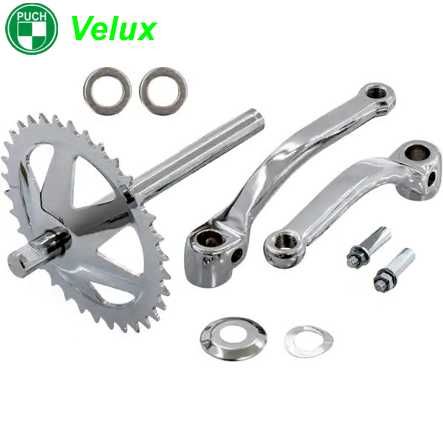 Tretwelle Puch Velux 34 Z Set m. Kurbeln/Keile/Federscheibe/Anlaufscheibe/Distanzsch.